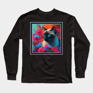 Mighty Hunter Siamese Cat Vibrant Tropical Flower Digital Oil Painting Portrait Long Sleeve T-Shirt